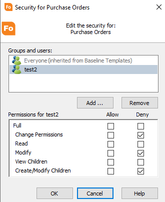 Security dialog for an individual object. The dialog contains a list of users, and in the pane at the bottom there is a list of permissions that can be granted or denied. This looks the same as a Windows permissions dialog.